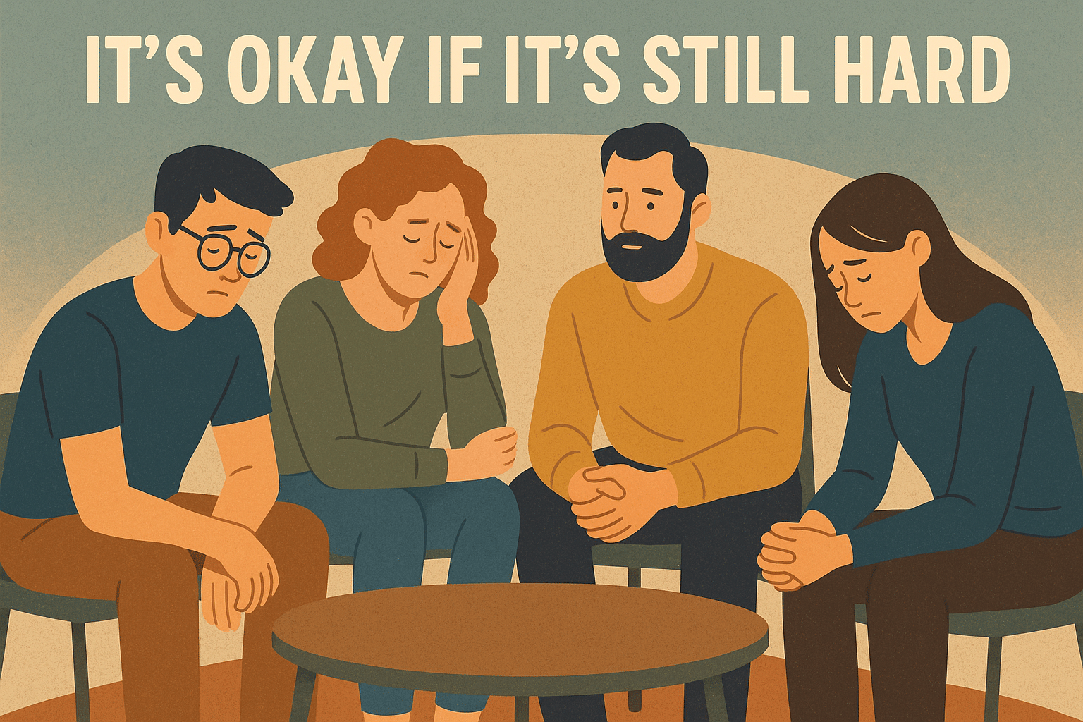 Illustration of four people sitting in a support group, showing emotional struggle and connection with the caption “It’s Okay If It’s Still Hard.”
